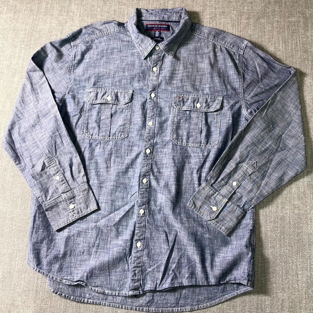 Tommy Hilfiger‎ Premium Denim Shirt Mens 2XL Blue Custom Fit Pleated Button Up